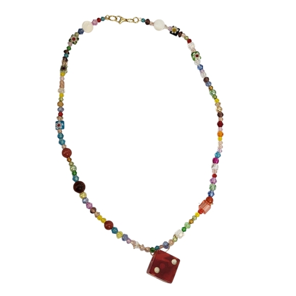 14k Gold Plated Millefiori Glass Beaded Pearl Necklace - Picture 1 of 4